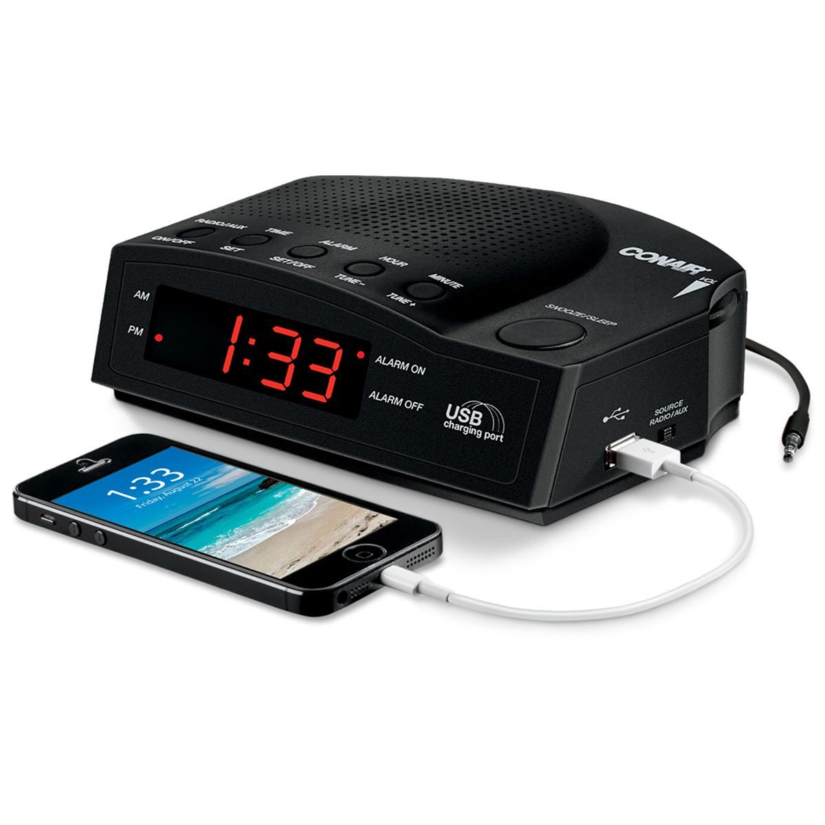 Radio despertador con cargador USB y teléfono conectado