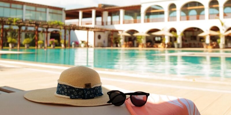 Piscina de un resort con camastros y sombrillas